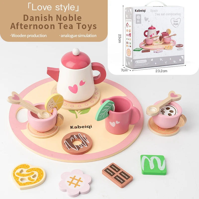 Wooden Kitchen Play Toys Kitchen Simulation Tea Set Afternoon Tea Activity Games Pretend Play Kitchen Accessories Toy for Kids