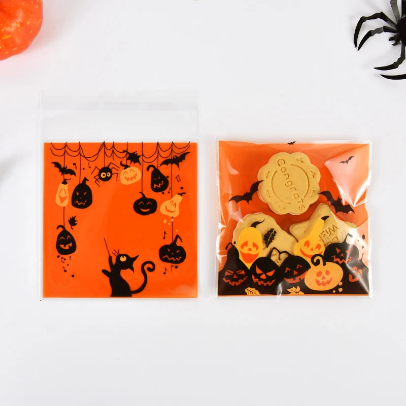 100Pcs Halloween Candy Bags Pumpkin Ghost Plastic Gift Cookie Packaging Bags Halloween Party Decor Supplies Kids Trick or Treat