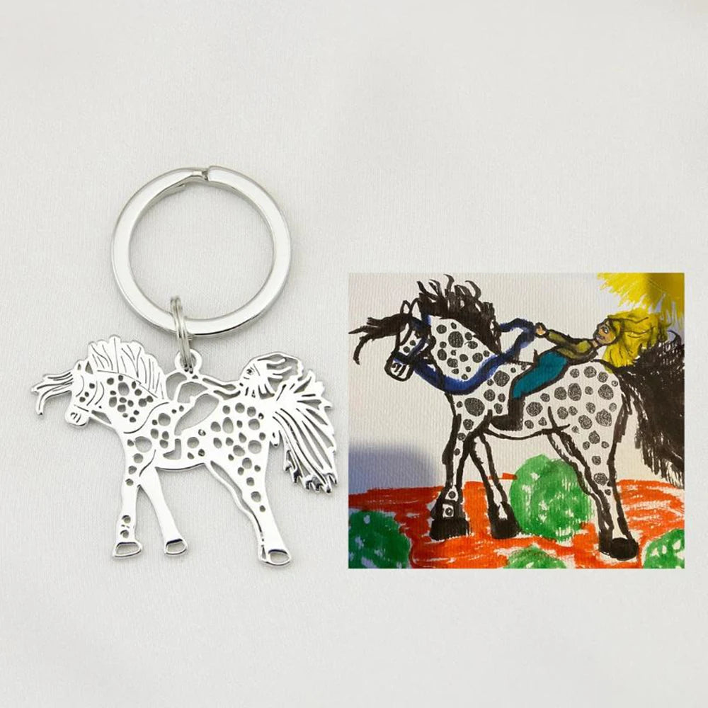 Customized actual children's painting keychain, Personalized photo art work keychain, Dad's memorial gift