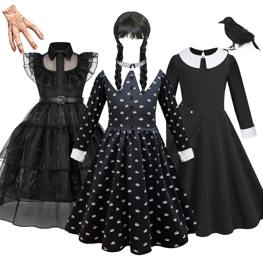 Black Dress Girls TV Series Role Playing Halloween Costume Toddler Adams Weirdo Family Cosplay Apparel
