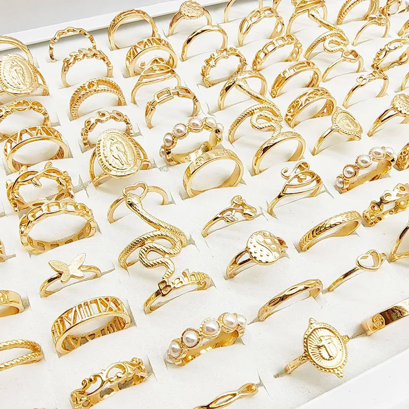 30pc/Lot Gold Color Finger Rings For Girls New Love Snake Animal Butterfly Cutout Star Pearl Thin Joint Ring Party Jewelry Women