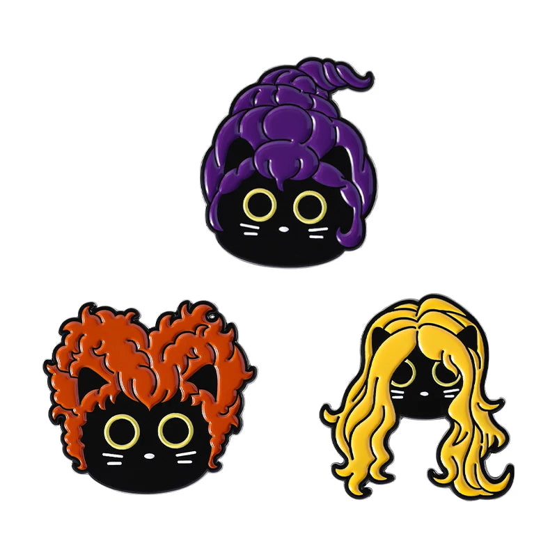 Funny Witch Black Cat Enamel Pins Family Comedy Film Movies Witch Sisters Brooch Lapel Badge Halloween Jewelry Gifts for Friends
