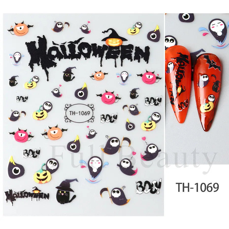Nail Stickers Halloween Series Bat Skull Bone Ghost Pumpkin Pattern 3D Self Adhesive Decals For Nails Manicure Decoration LATH