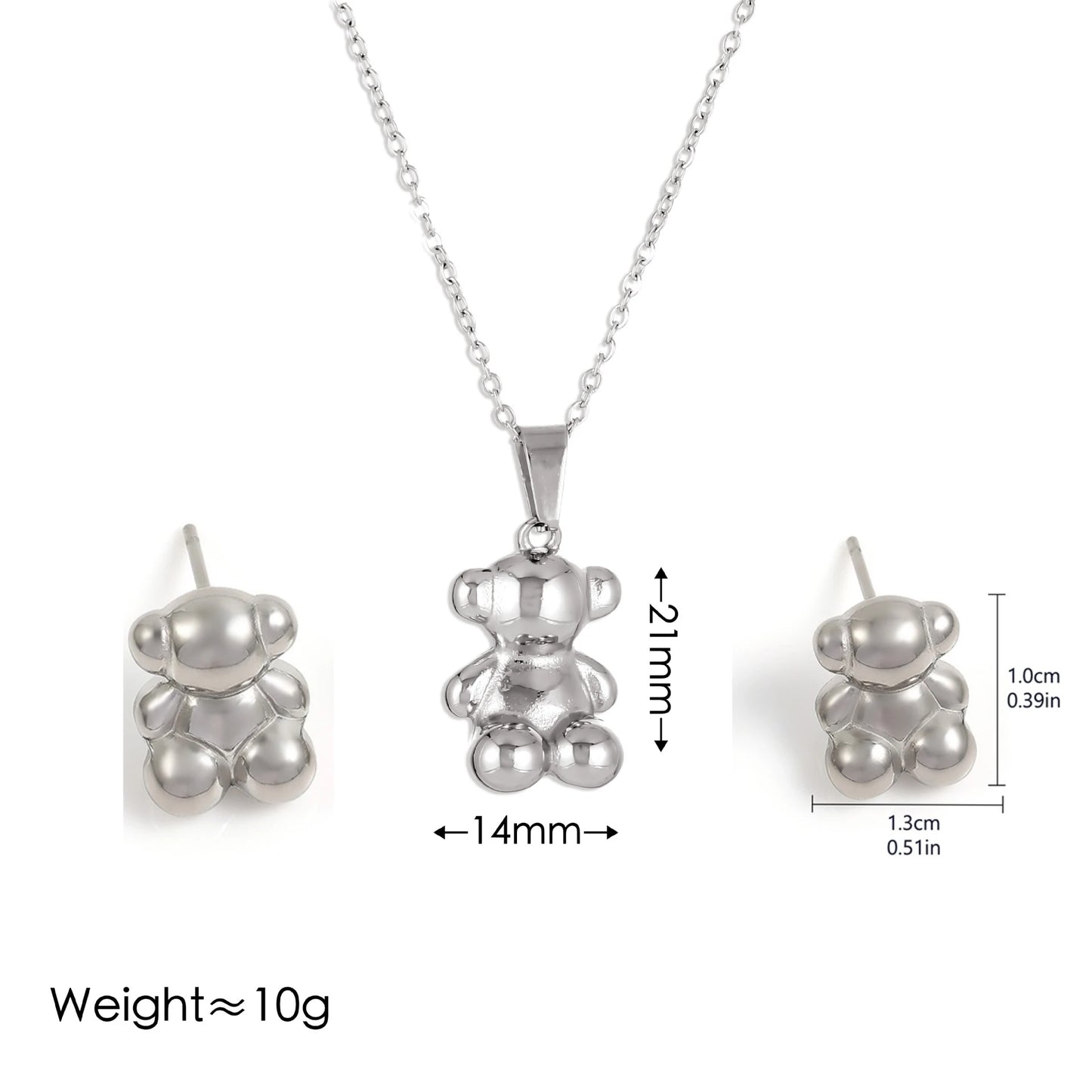 3PCS Anime Style 3D Cute Bear Earrings Necklace Set For Women High Quality Stainless Steel Not Fading INS Couples Gift Jewelry