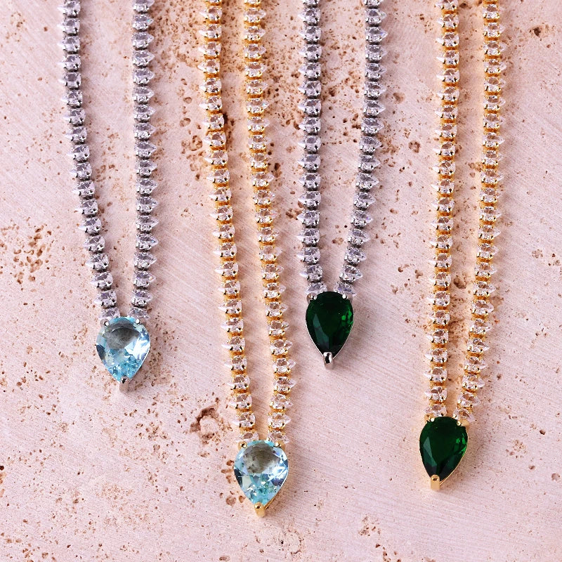 High Quality Iced Out Chain Water Drop Cubic Zirconia Light Blue Necklace for Women 18K Gold Plated Bridal Wedding Party Jewelry