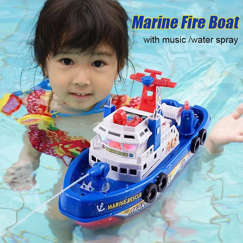Electric Marine Rescue Boat Toy Fire-fighting Boat Bathing Speedboat Toy with Sound Light Up Toys for Kids Spray Water Swim Pool