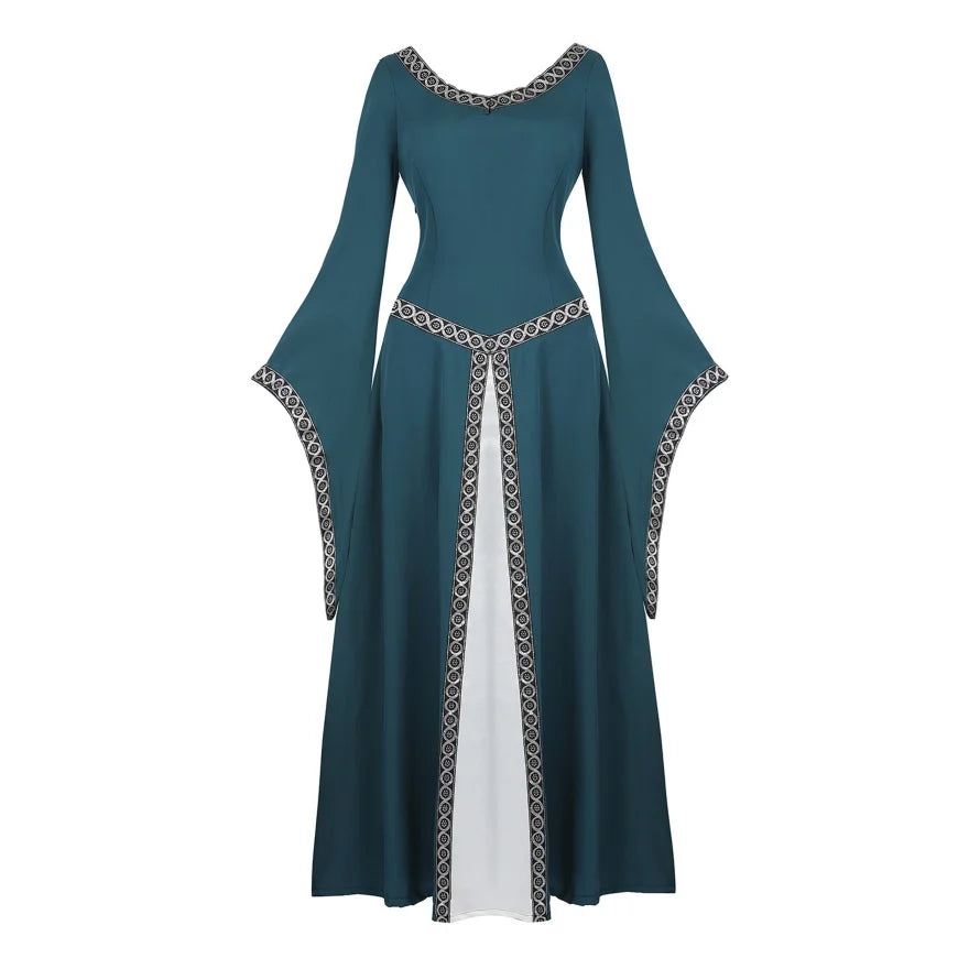 Women Medieval Renaissance Trumpet Sleeve Retro Loor Length Gown Lace Trim Irish Over Long Dress Halloween Costume Plus Size