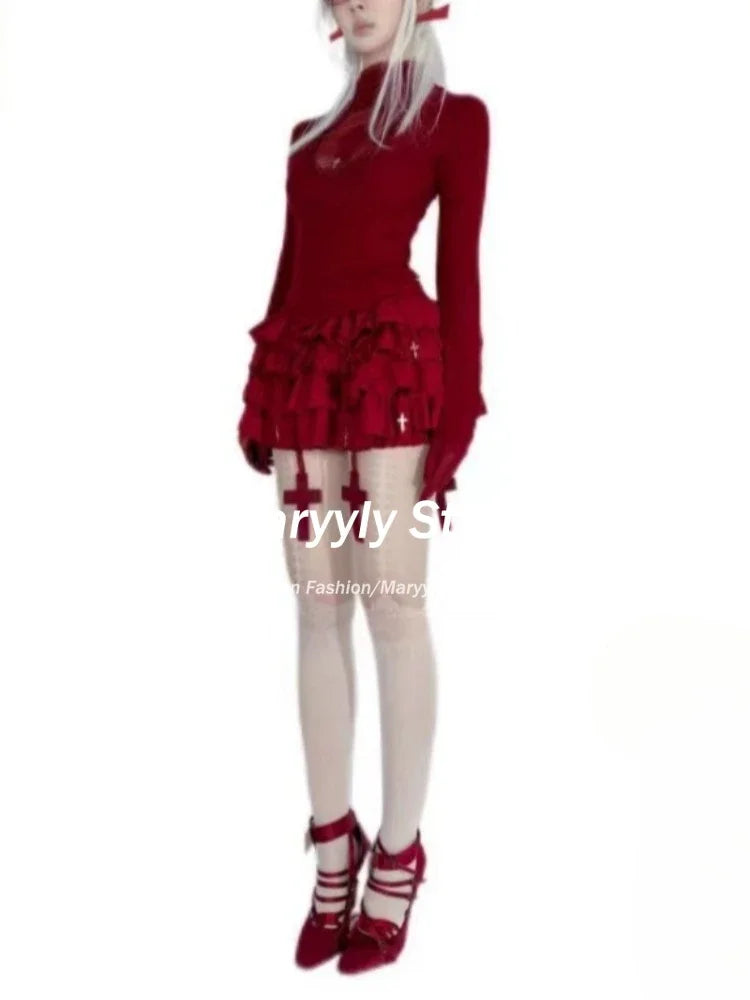 Women Y2k Clothing High Neck Dark Gothic Cross Hollow Slim Bottom Knitted Shirt Halloween Costume Long Sleeve Sexy T-shirt New