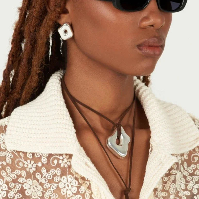 2025 Europe Adjustable Rope Geometric Silver Color Pendant Sweater Chain Necklace Woman Fashion Jewelry Trend