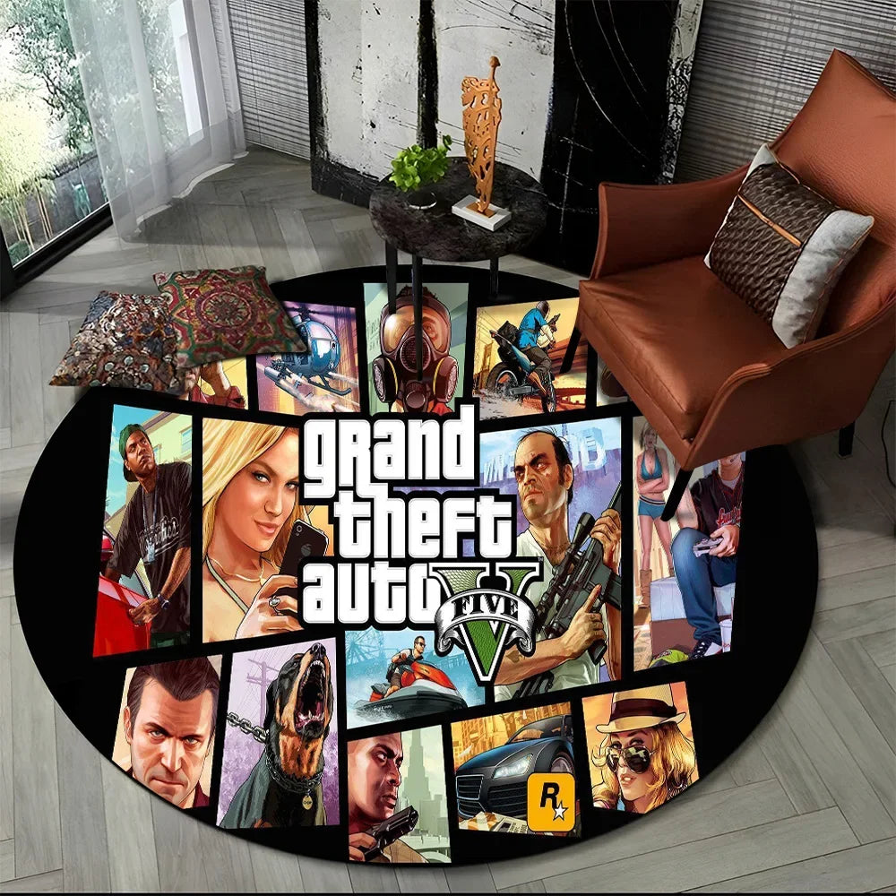 Grand Theft Auto Games GTA  Gamer Round Carpet Rug for Living Room Bedroom Child Playroom Decor,Pet Area Rug Non-slip Floor Mat