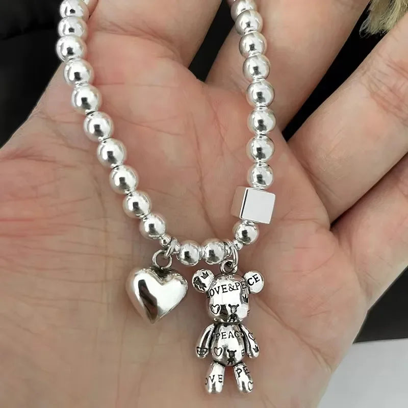 925 Sterling Silver Bracelets for Women String of Beads Accessories Trend Vintage Simple Cute Bear Pendant Party Jewelry  팔찌