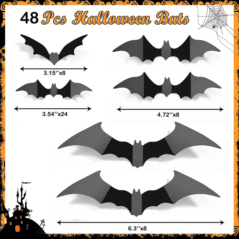 24/36/48/60pcs Bats Halloween Decorations 3D Bats DIY Home Indoor Outdoor Wall Decor Scary Bat Stickers Halloween Party Supplies