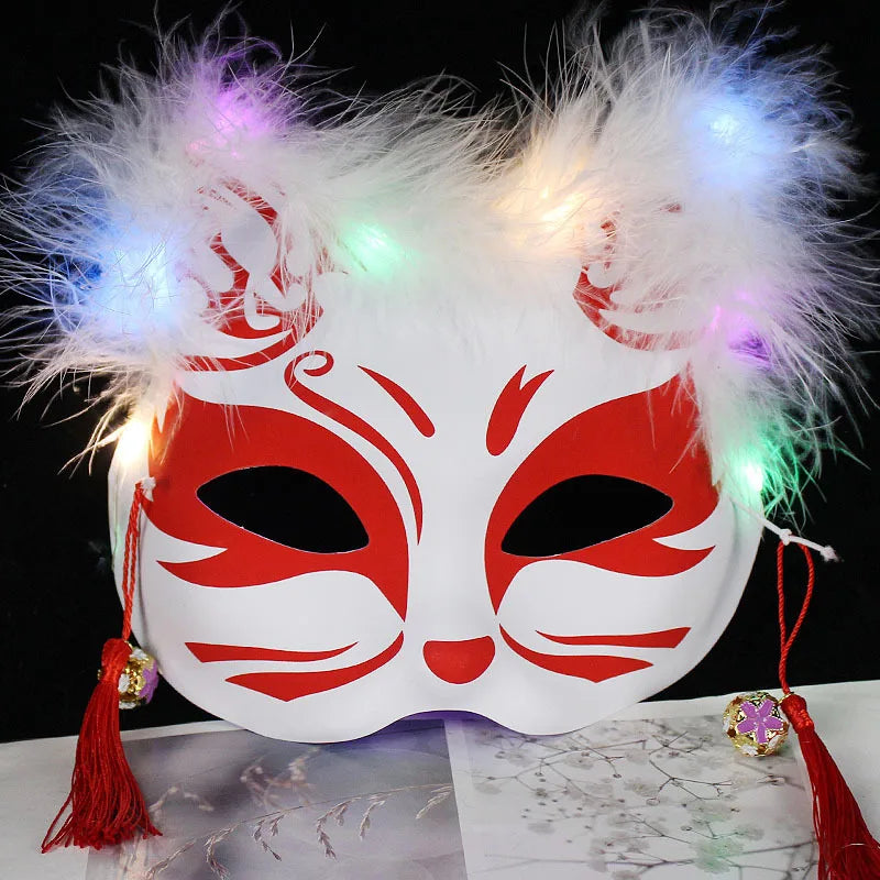Luminous Led Mask Japanese Foxes Mask Rave Costume Anime Half Face Cat Masks Masquerade Festival Halloween Party Cosplay Props