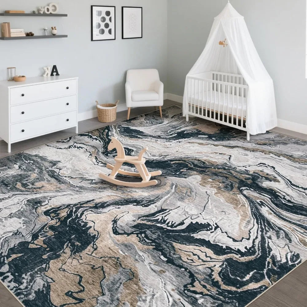 Large Neutral Abstract Area Rugs for Living Room and Bedroom: Modern Marble Design, Washable, Soft, and Non-Slip Indoor Carpets