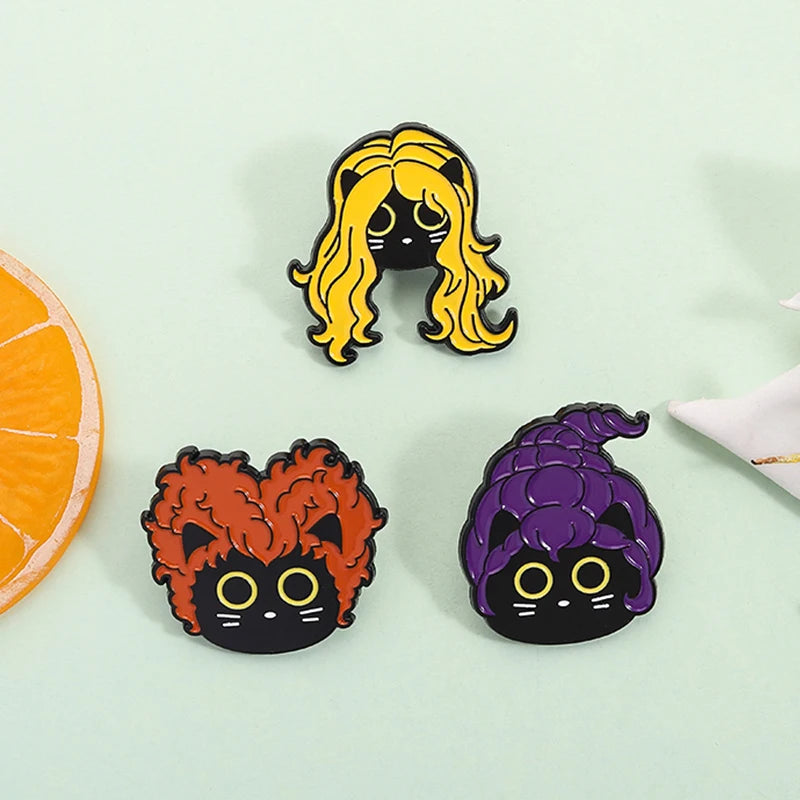 Funny Witch Black Cat Enamel Pins Family Comedy Film Movies Witch Sisters Brooch Lapel Badge Halloween Jewelry Gifts for Friends