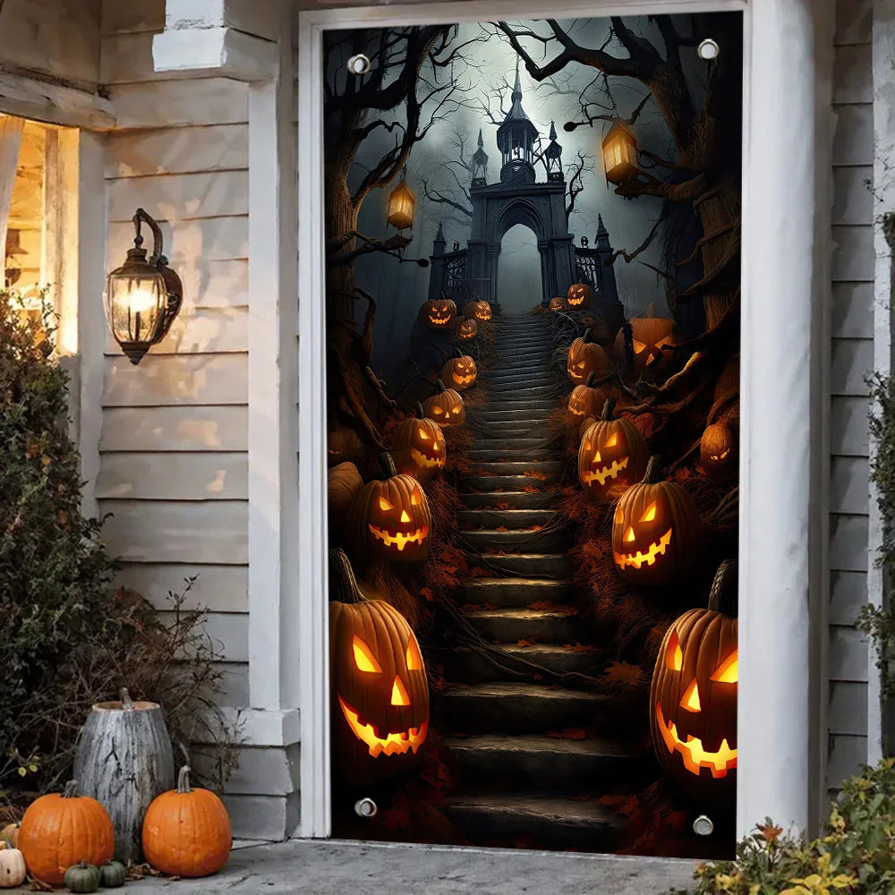 1pc2D flat Halloween theme background cloth banner, scary pumpkin head steps design, Halloween decoration,no power required——sjs