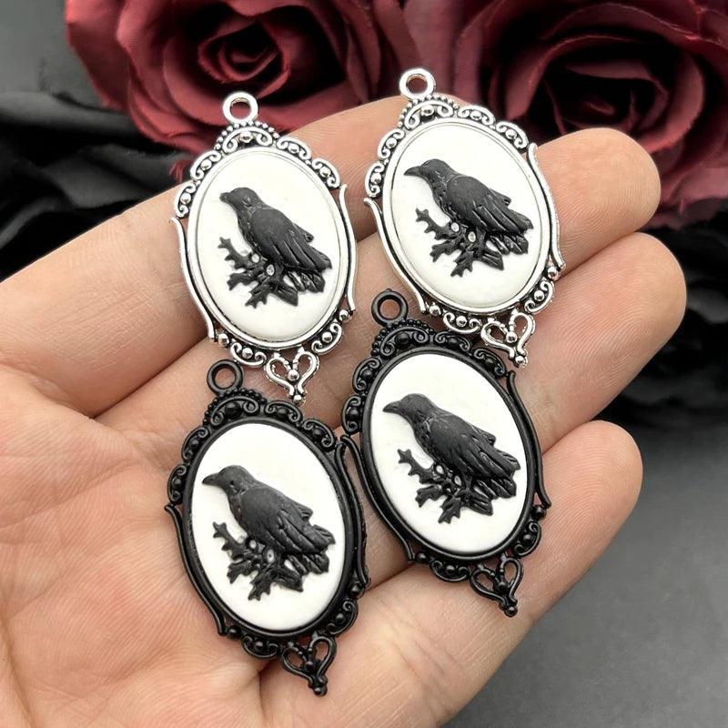 4pcs Gothic Black Crow Silver Plated Framed, Raven Relief Charms Halloween Witch Pendant Fit Jewelry Making DIY Jewelry Finding