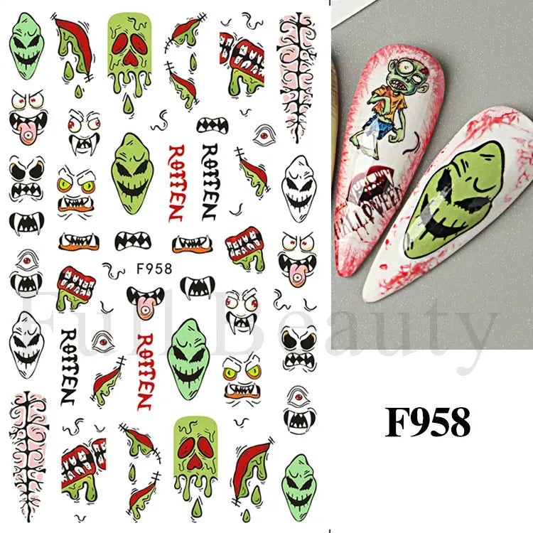 Nail Stickers Halloween Series Bat Skull Bone Ghost Pumpkin Pattern 3D Self Adhesive Decals For Nails Manicure Decoration LATH
