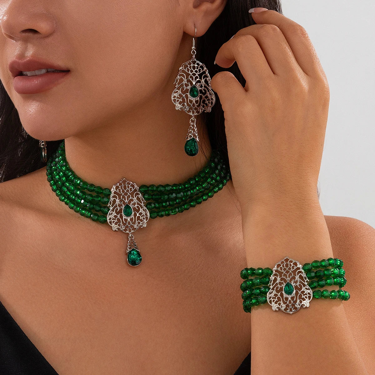 Ingemark Goth Multilayer Crystal Chain Necklace Bracelet Drop Earrings for Women Temperament Jewelry Set Halloween Accessories