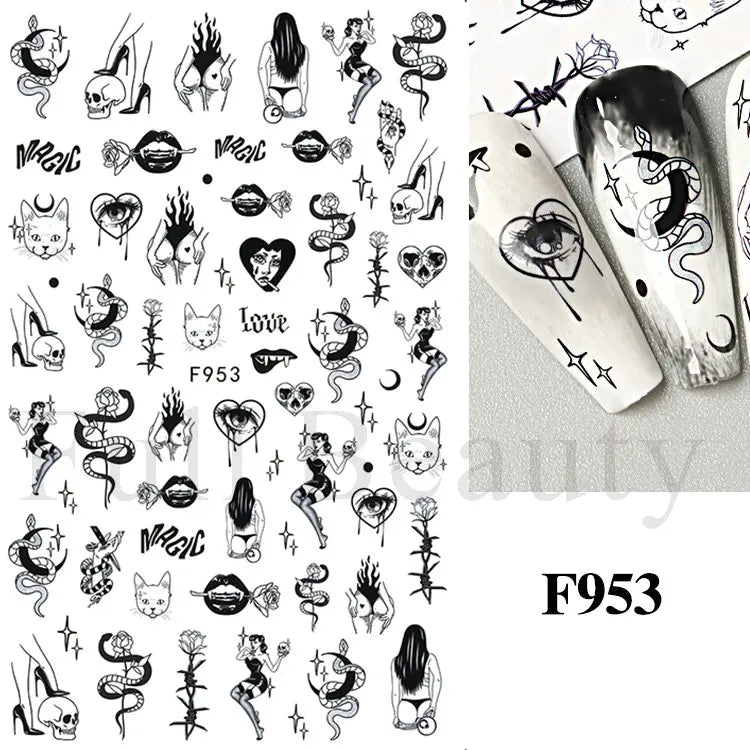 Nail Stickers Halloween Series Bat Skull Bone Ghost Pumpkin Pattern 3D Self Adhesive Decals For Nails Manicure Decoration LATH