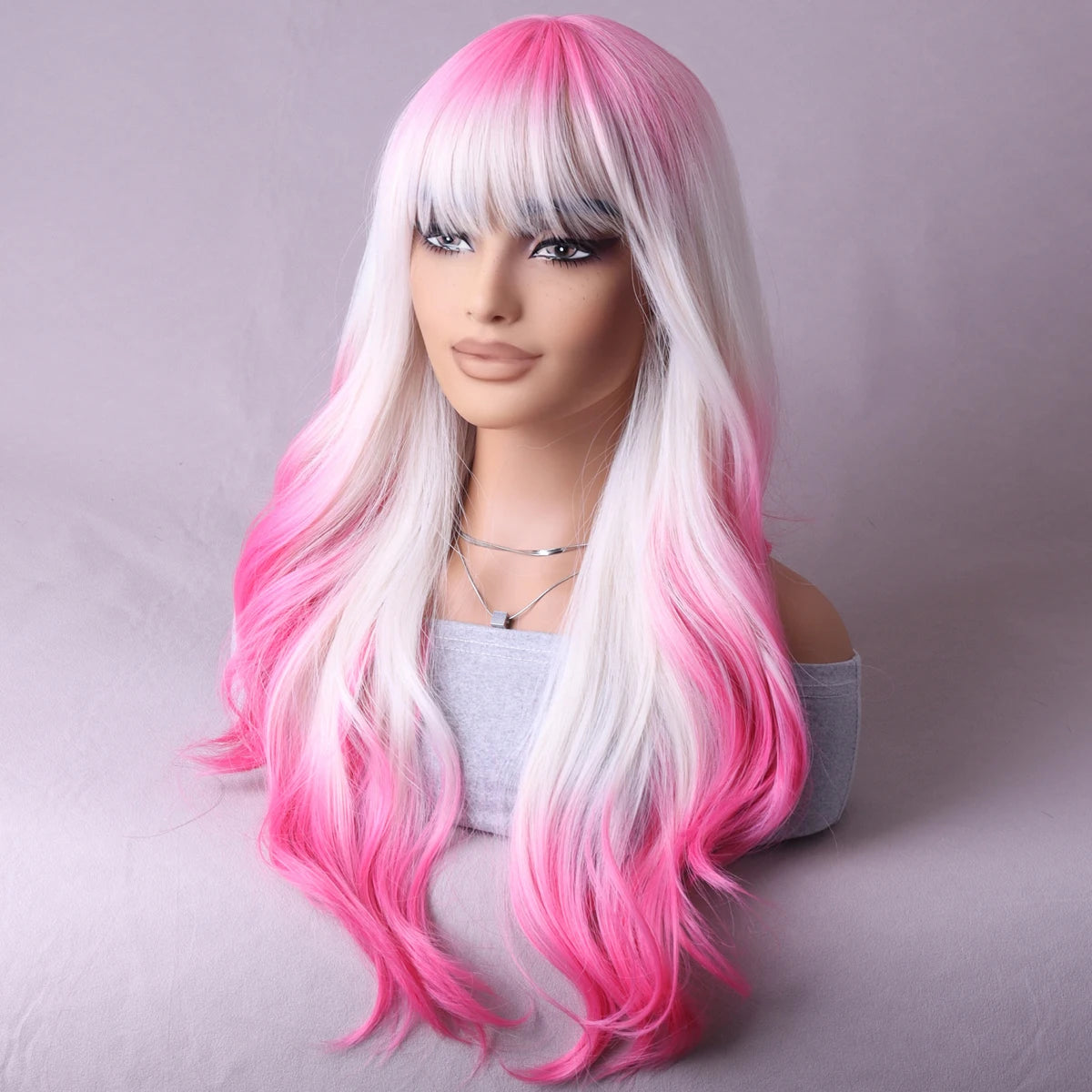 Peach shade shade wig Ladies dark red white shade shade wig with bangs Heat resistant synthetic wig Halloween cosplay party wig