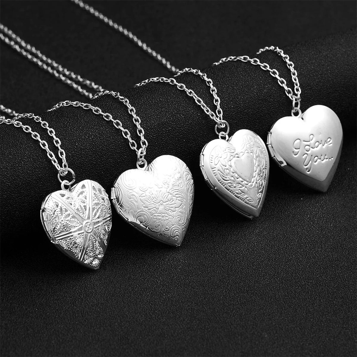 Silver Color Love Heart Photo Frame Pendant Necklace For Women I Love You Flower Pattern Heart Openable Locket Necklace Jewelry