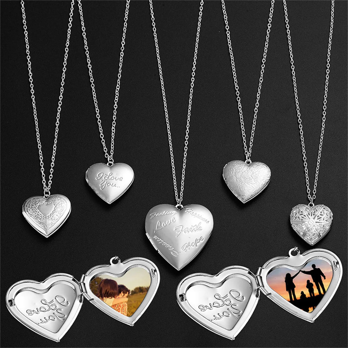 Silver Color Love Heart Photo Frame Pendant Necklace For Women I Love You Flower Pattern Heart Openable Locket Necklace Jewelry