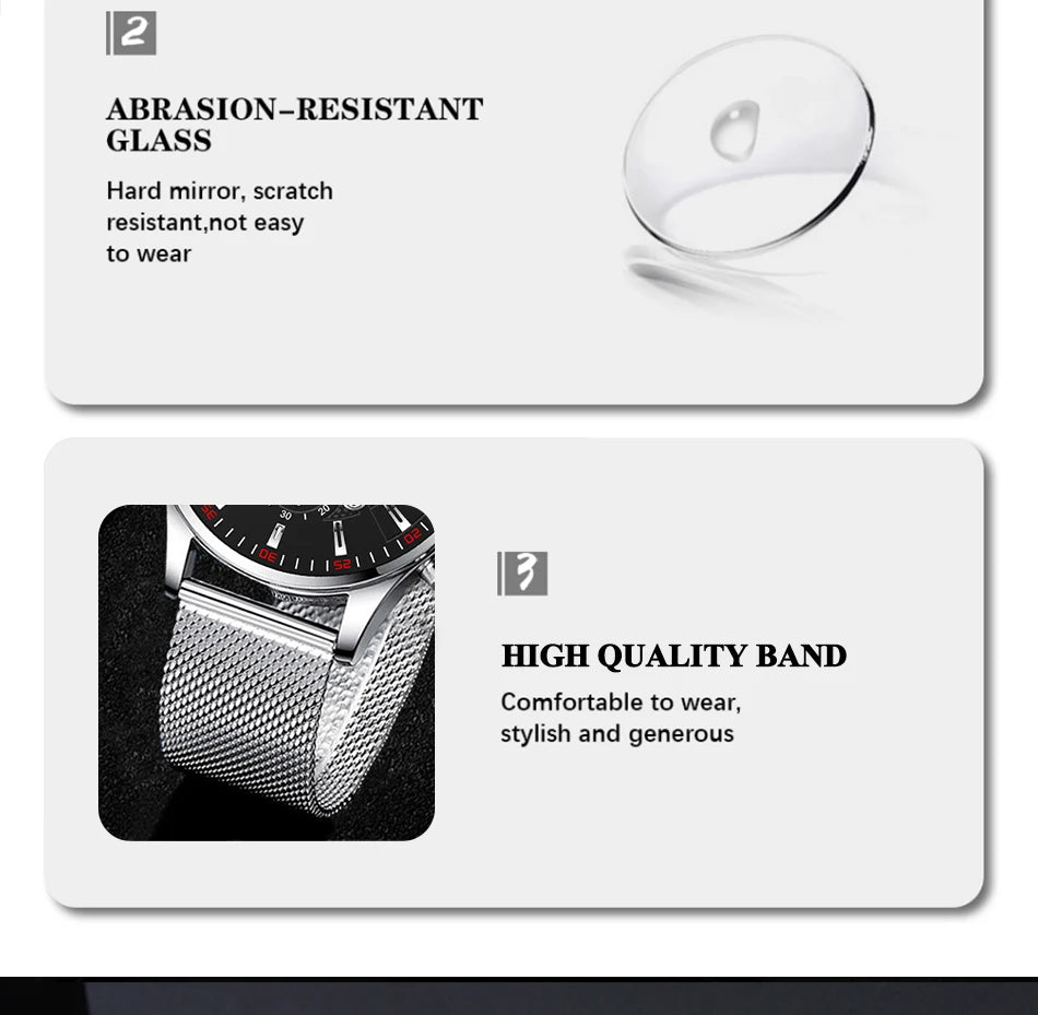 Mens Fashion Sports Watches Men Business Casual Quartz Wrist Watch Luxury Silvery Mesh Belt Watch