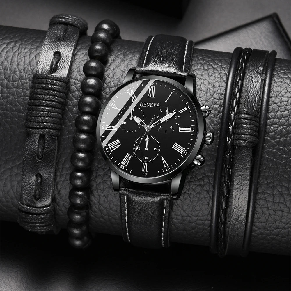 New Men's Watch Luxury Bracelet Multi Piece Set Fashion Business Black Leather Quartz Watch Men's Gift Set Reno Masculino