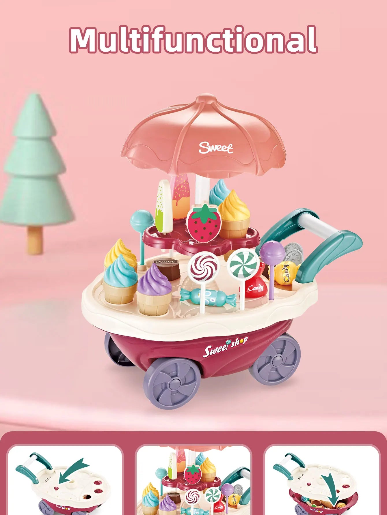 Family Play Children's Toys - Light and Music Mini Candy Dessert Cart with Storage Feature Toy Set
