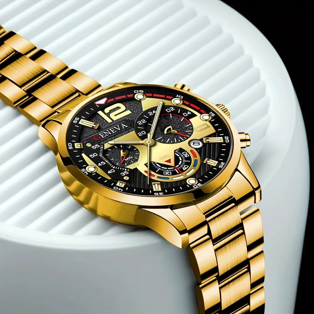 Luxury Men Business Quartz Watches 4pcs Set Gold Alloy Roman with Calendar Wrist Watch Cross Necklace Bracelet Ring Set Men Gift