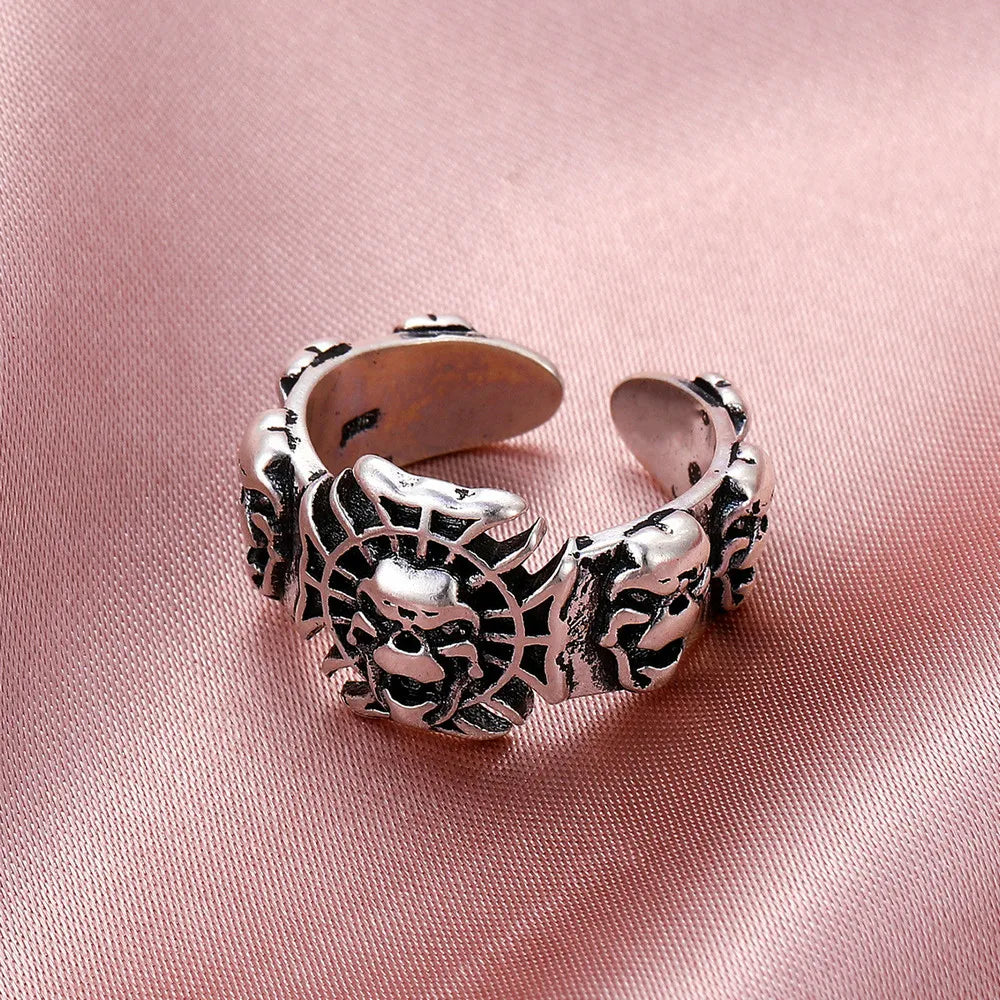 Dark Gothic Skull Skeleton Rings For Men Women Punk Goth Hiphop Rock Silver Color Adjustable Ring Fashion Jewelry Halloween