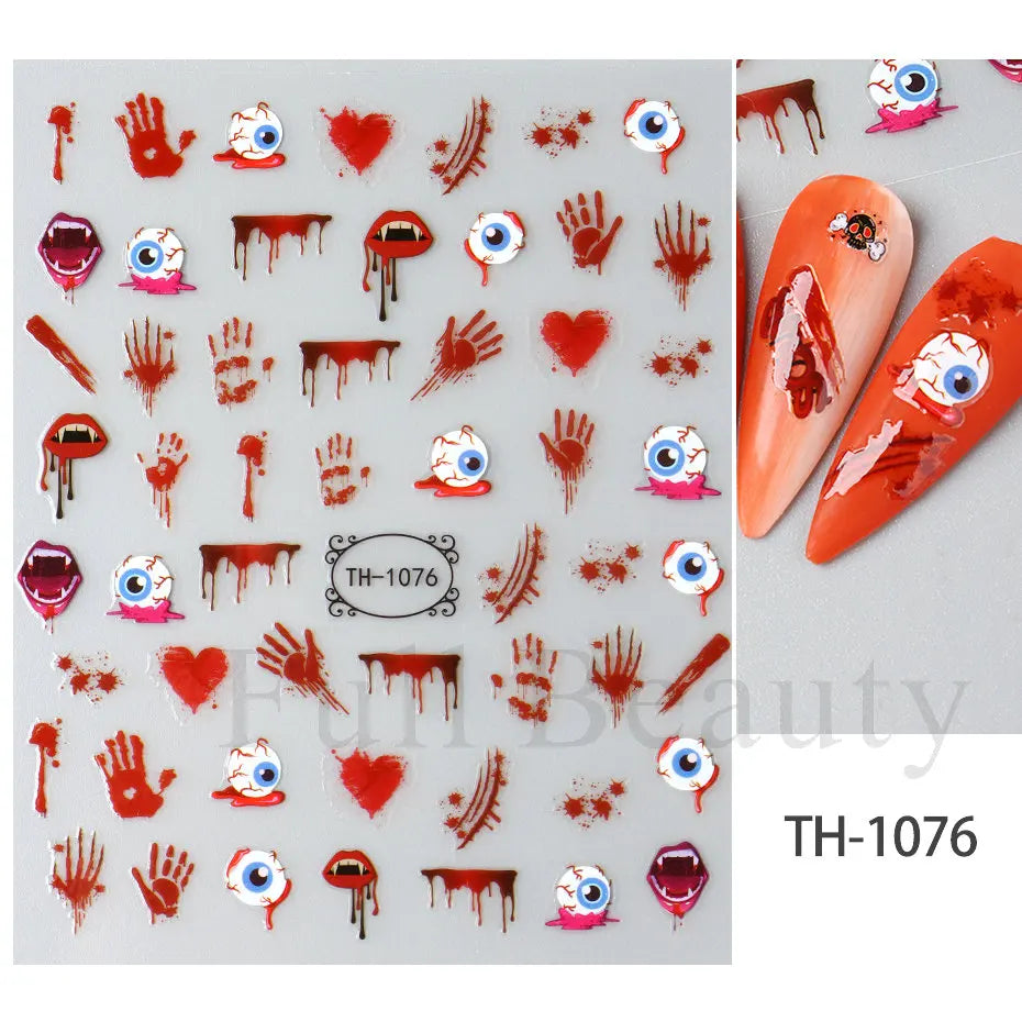 Nail Stickers Halloween Series Bat Skull Bone Ghost Pumpkin Pattern 3D Self Adhesive Decals For Nails Manicure Decoration LATH