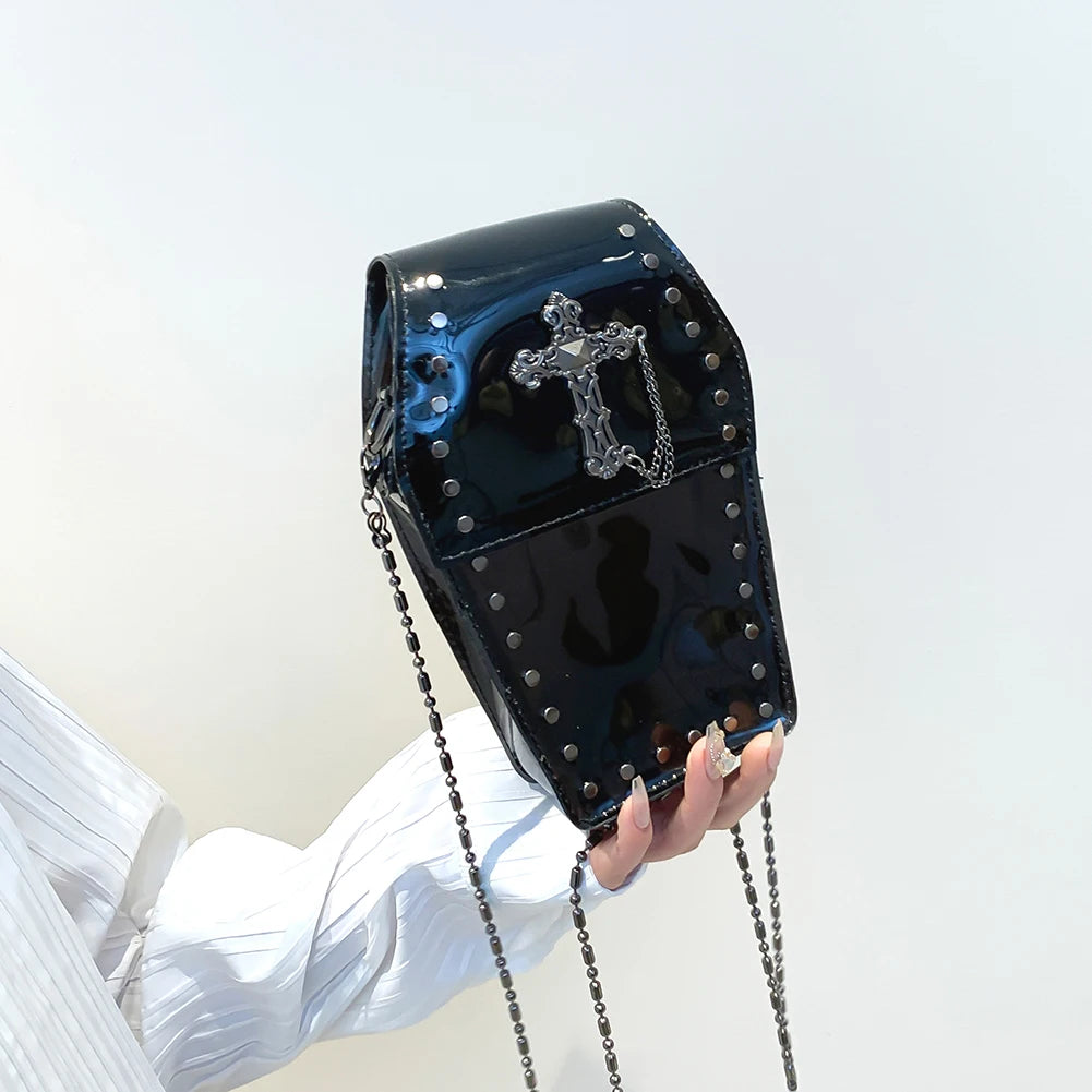 2024 Novelty Coffin Shape Purse Halloween PVC Clear Jelly Chain Crossbody Bag Stadium Approved Phone Bag Punk Retro Shoulder Bag