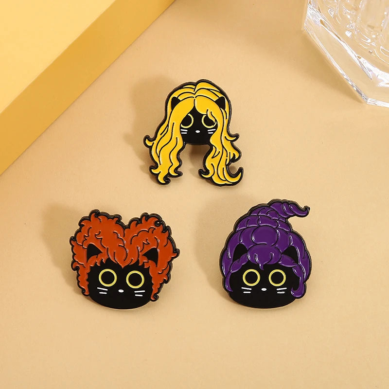 Funny Witch Black Cat Enamel Pins Family Comedy Film Movies Witch Sisters Brooch Lapel Badge Halloween Jewelry Gifts for Friends