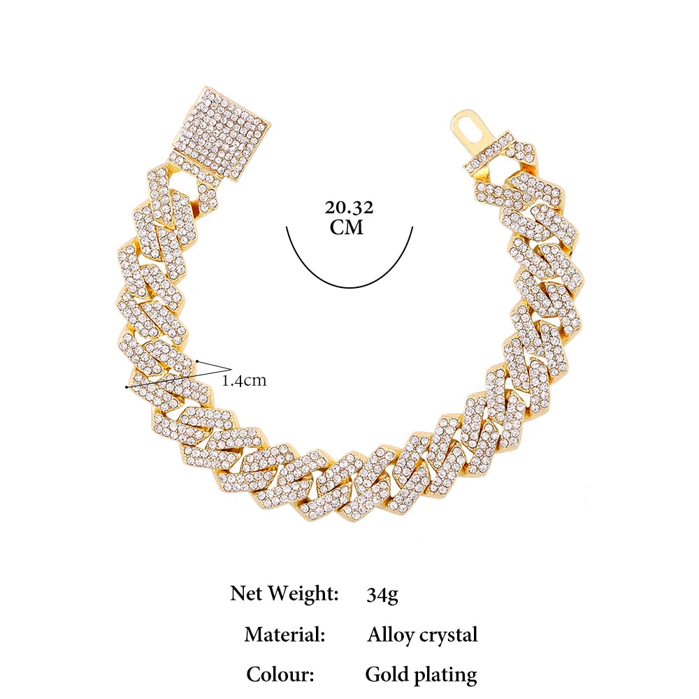 Silver Color 14mm Prong Miami Cuban Link Chain Necklace For Women Iced Out 2 Row Rhinestones Square Cuban Link Choker Jewelry