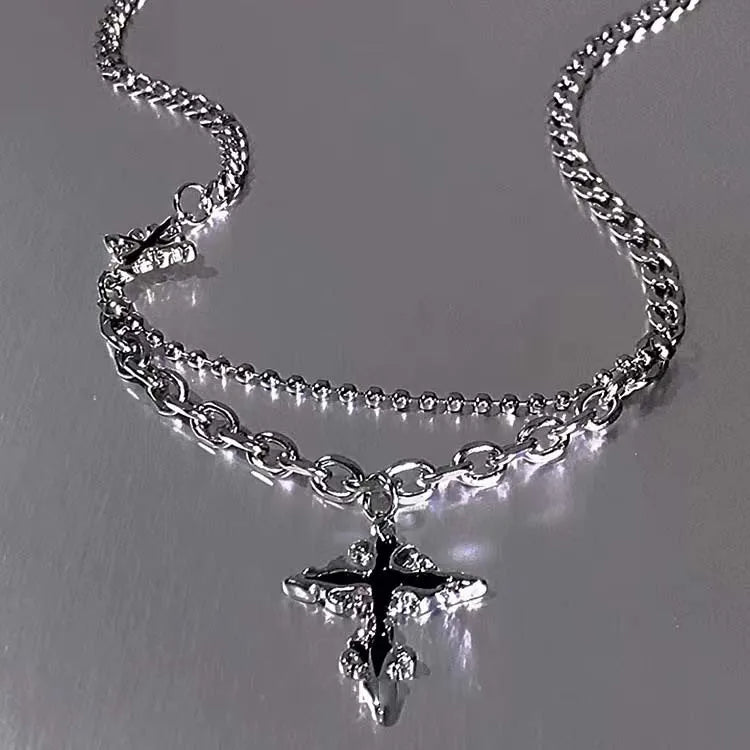 Hiphop Punk Long Chain Cross Necklace for Women Men Punk Double Layer Splicing Chain Necklace Charm Trend Neck Jewelry Halloween