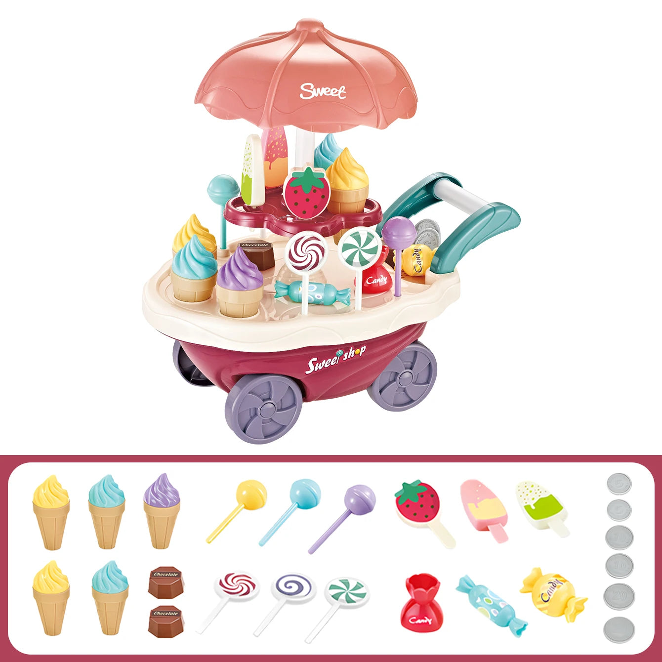 Family Play Children's Toys - Light and Music Mini Candy Dessert Cart with Storage Feature Toy Set