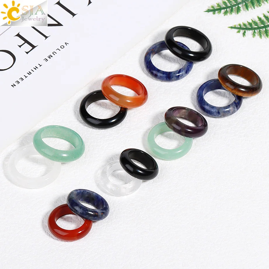 Healing Gem Stone Crystal Band Rings for Men Natural Pink Stone Quartz Red Agates Jaspers Dainty Finger Ring Women Jewelry H474