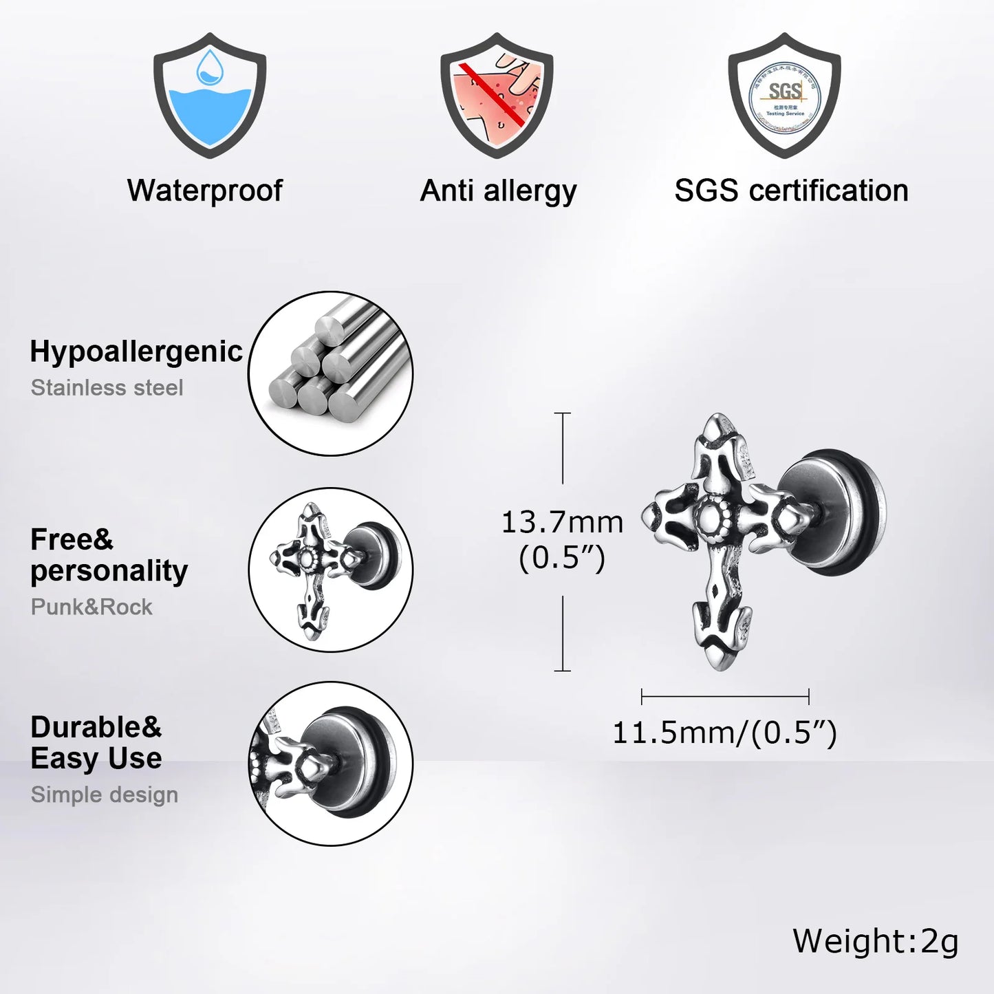 Gothic Cross Earrings for Men Boys,Waterproof Stainless Steel Stud Earrings,Rock Punk Prayer Jewelry Halloween Gifts