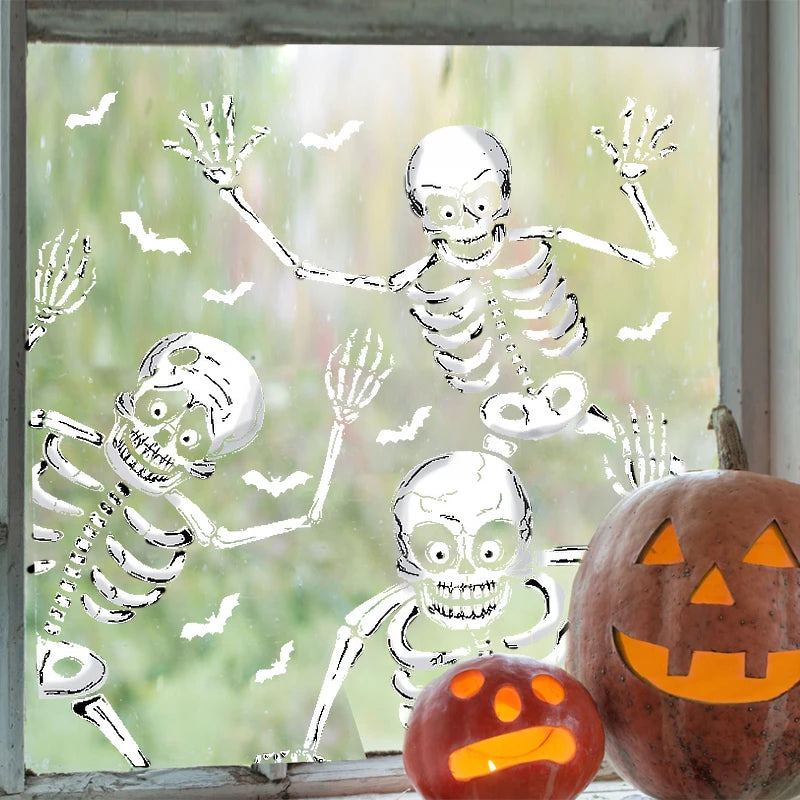 4Pcs Halloween Large Skeleton Wall Stickers Human Skull Bones Bat Window Stickers Halloween Party Scary Home Room Decal Decors