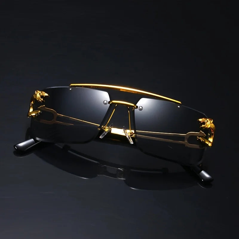 Vintage Luxury Golden Fahsion Glasses Cool Tiger Stand Women's Frameless Black For Men And Women Outdoor Travel Anti Glare Glass