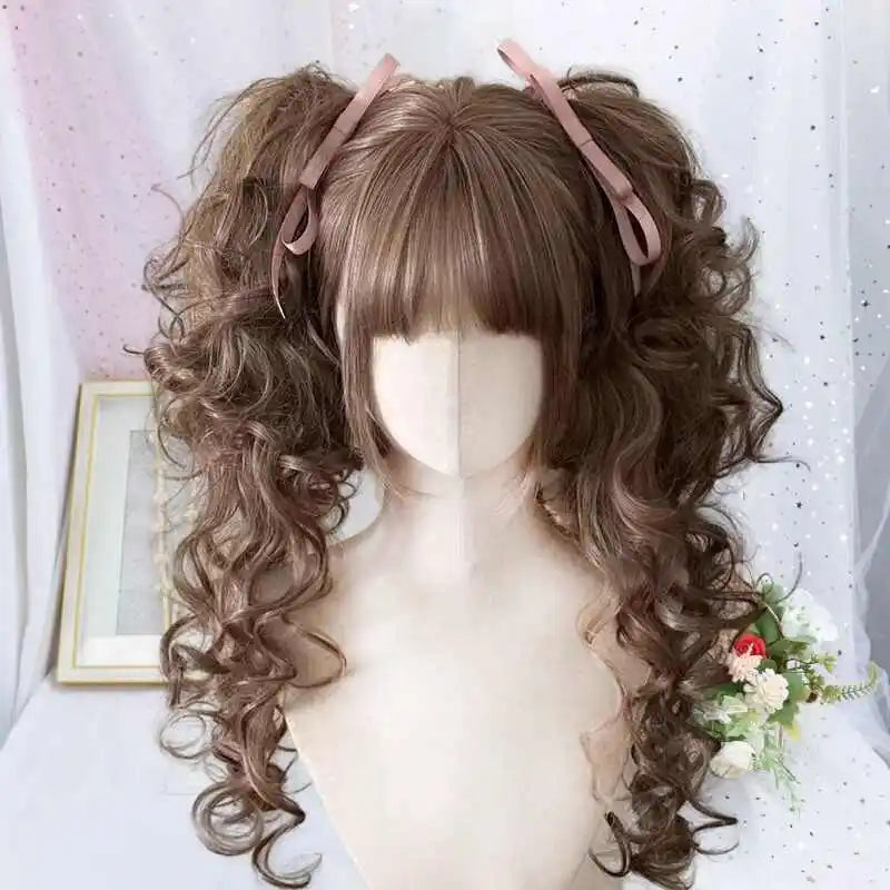 Synthetic Short Lolita Cosplay Christmas Halloween Bob Brown Blonde LM Wig With Long Curly Ponytail Natural Fake Hair for Women