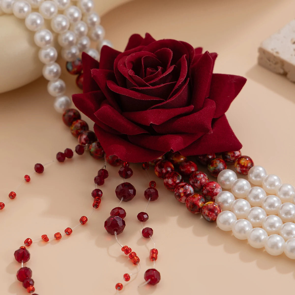 Ingemark Multilayer Imitation Pearl Rose Flower Clavicle Chain Necklace Women Goth Red Crystal Pendant Choker Halloween Jewelry