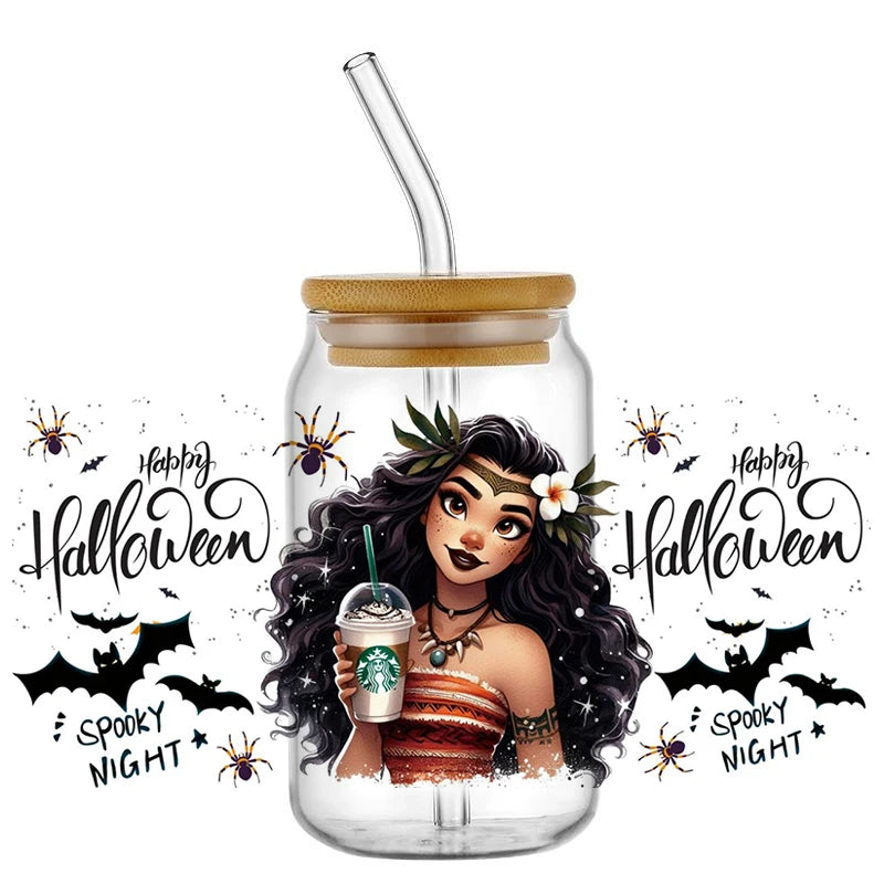 Miniso Halloween Stitch Mixed Cartoon Pattern Transfer Stickers Waterproof UV DTF Cup Wraps 3D Wrap Decal For 16oz Libbey Glass
