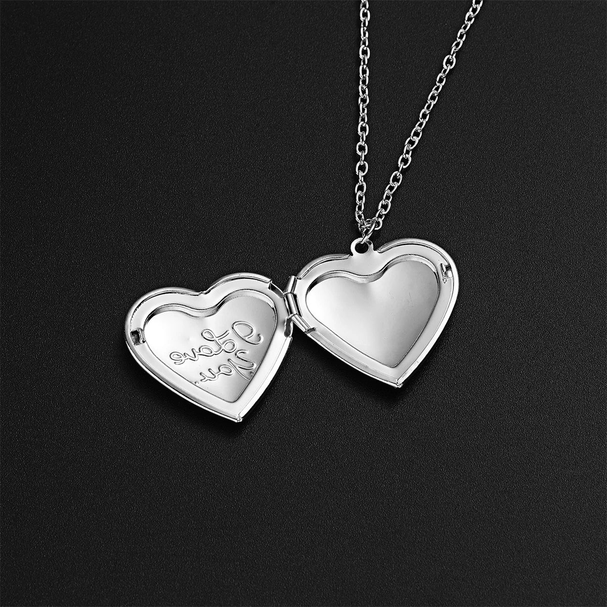 Silver Color Love Heart Photo Frame Pendant Necklace For Women I Love You Flower Pattern Heart Openable Locket Necklace Jewelry
