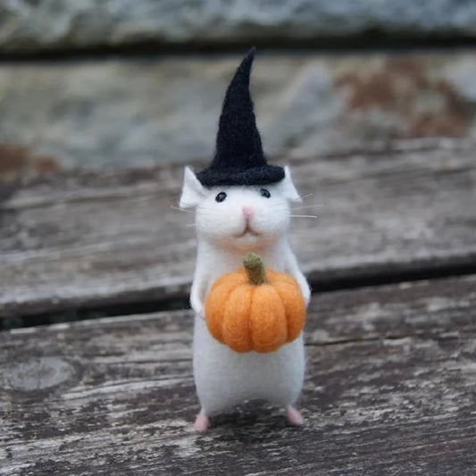 Halloween Handmade Wool Needle Felt Mouse Toy Set Desktop Decoration Creative Mini Little White Mouse Holding Pumpkin Cloth Doll