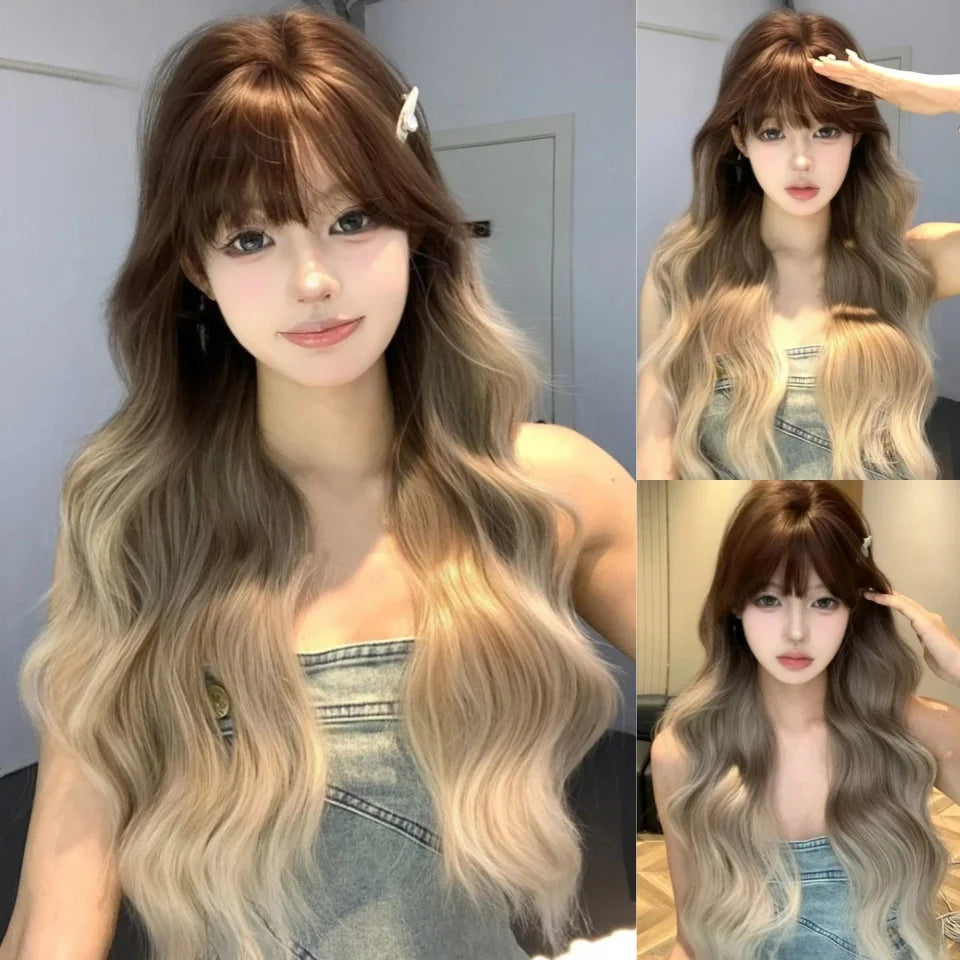 Synthetic Short Lolita Cosplay Christmas Halloween Bob Brown Blonde LM Wig With Long Curly Ponytail Natural Fake Hair for Women