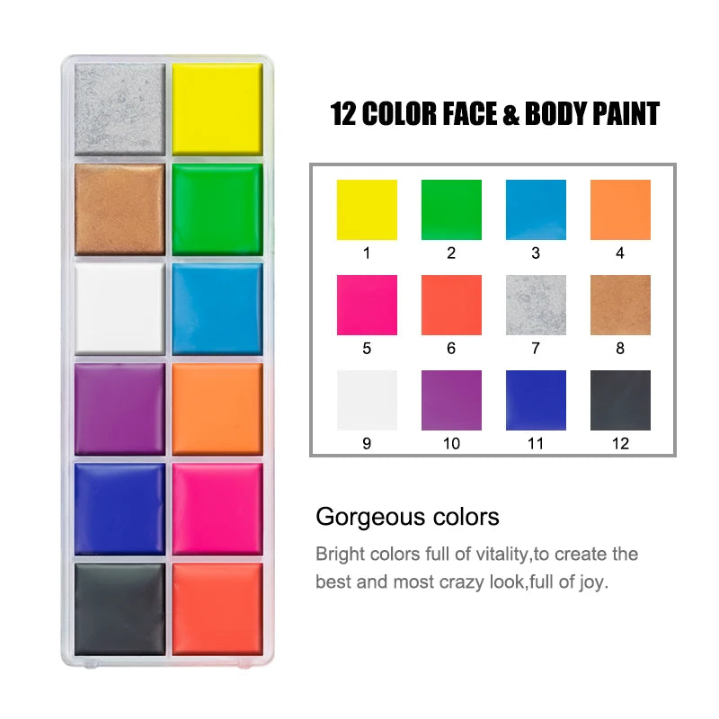 12 Cores UV Glow Paint Fluorescent Neon Oil Face Body Cosmetic Palette for Halloween Party Paint Fancy Dress Kid Cosplay Makeup