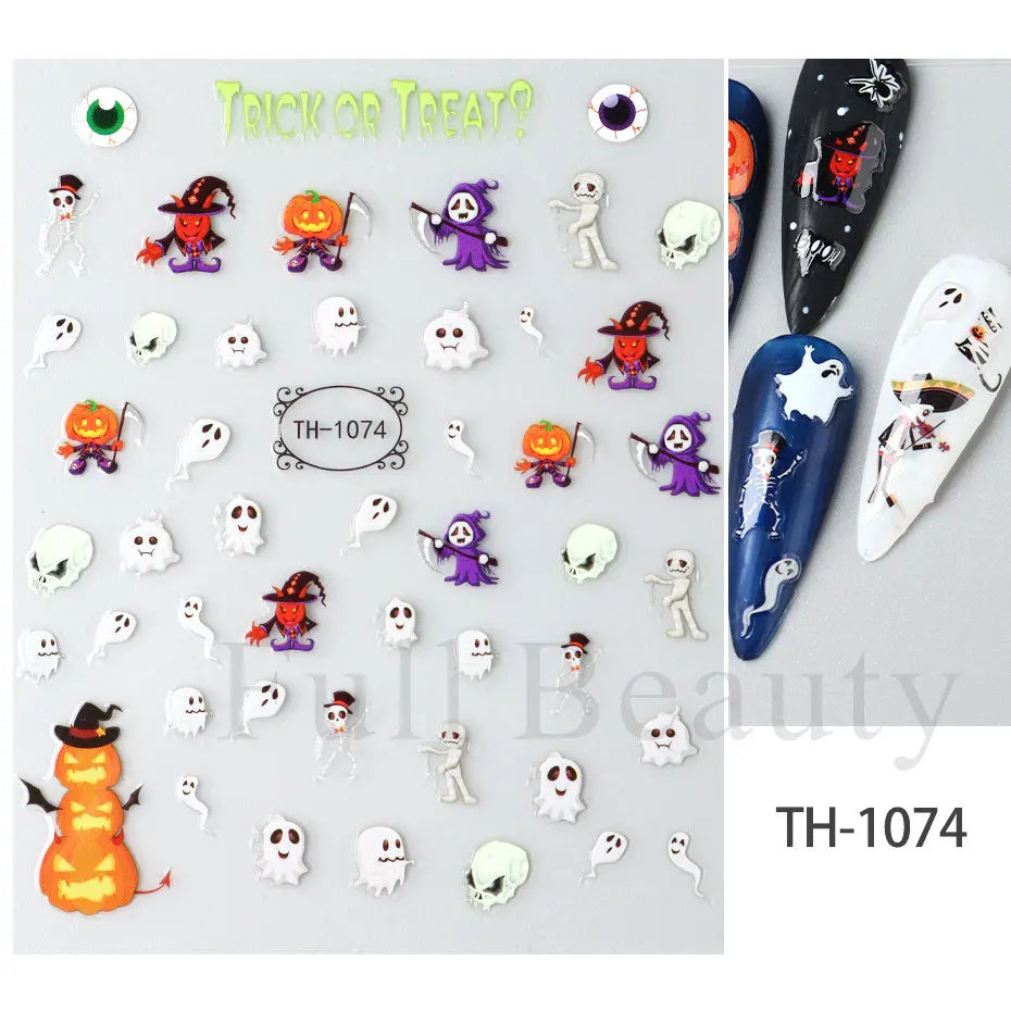 Nail Stickers Halloween Series Bat Skull Bone Ghost Pumpkin Pattern 3D Self Adhesive Decals For Nails Manicure Decoration LATH
